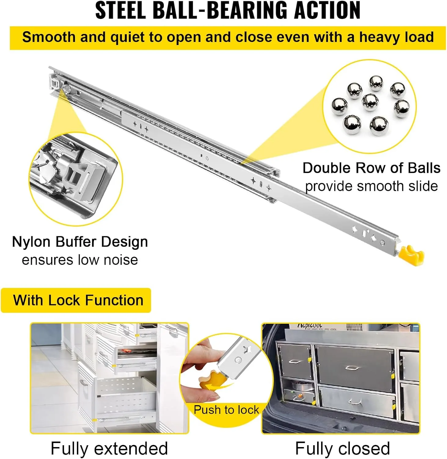 VEVOR Drawer Slides 30inch, 1 Pair Locking Drawer Slides 250lbs Load Capacity, Side Mount Ball Bearing, 3-Fold Full Extension