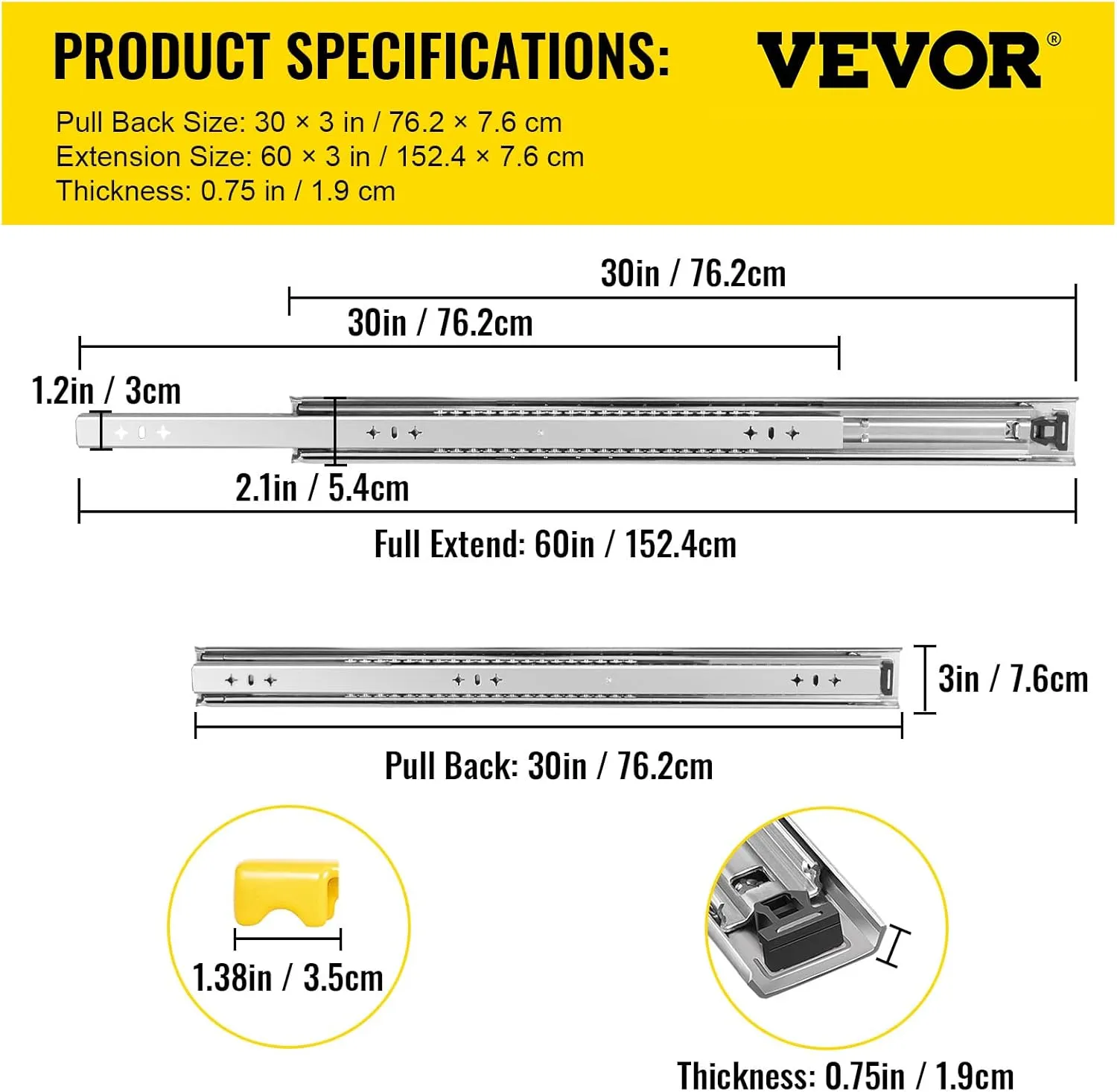 VEVOR Drawer Slides 30inch, 1 Pair Locking Drawer Slides 250lbs Load Capacity, Side Mount Ball Bearing, 3-Fold Full Extension