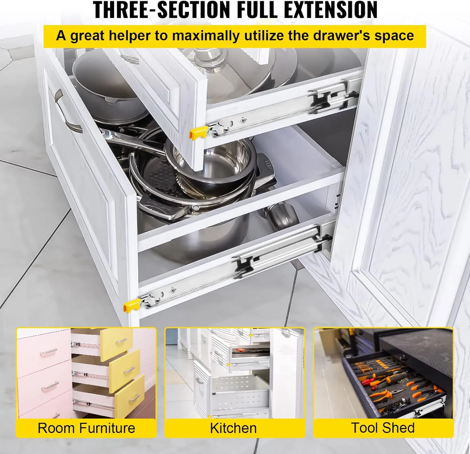 VEVOR Drawer Slides 30inch, 1 Pair Locking Drawer Slides 250lbs Load Capacity, Side Mount Ball Bearing, 3-Fold Full Extension