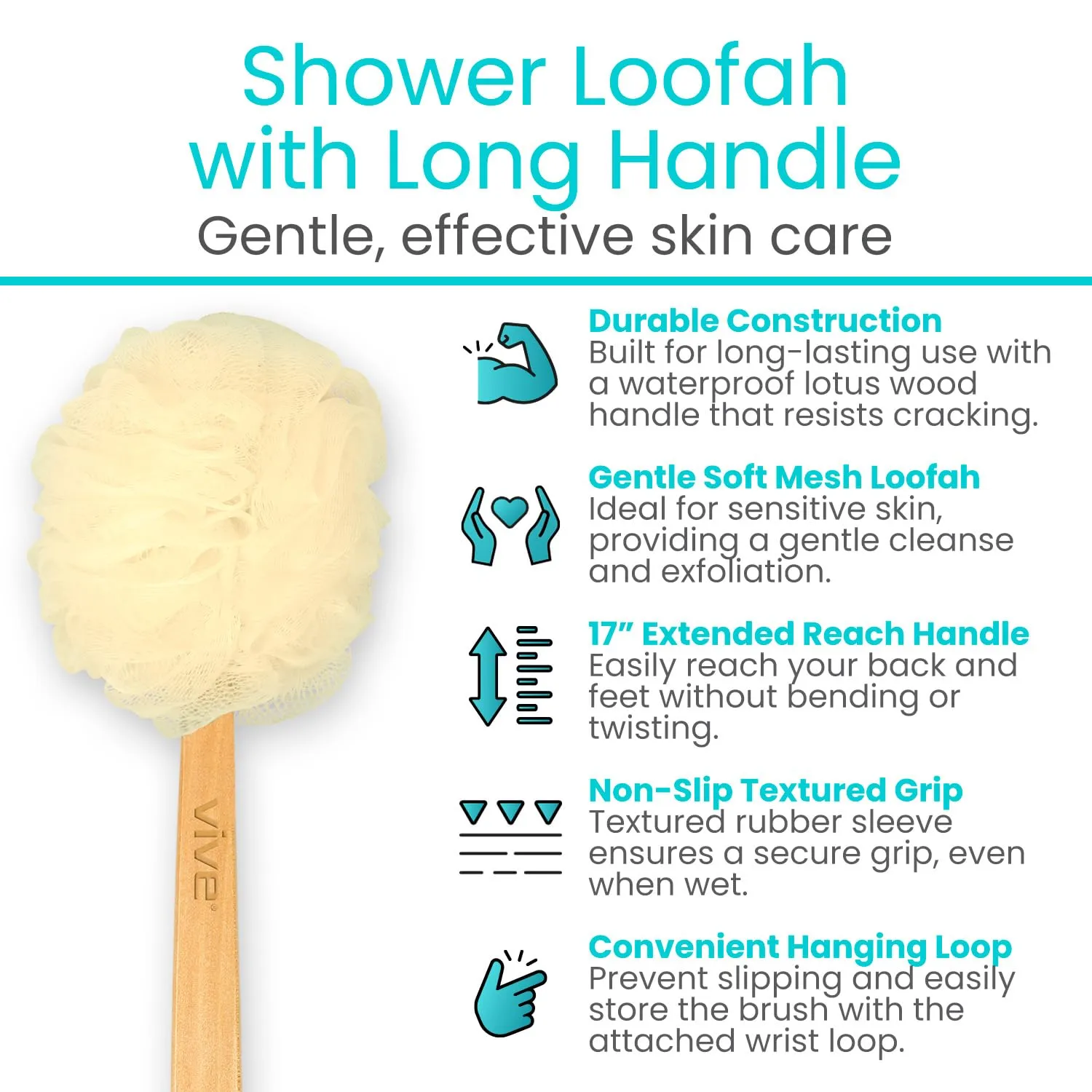 Vive 17” Shower Loofah with Long Handle - Exfoliating Back & Body Scrubber for Men & Women - Luffa Sponge on a Stick for Bathing, Cleaning - Includes Extra Handheld Lufa, Hook & String to Hang on Wall