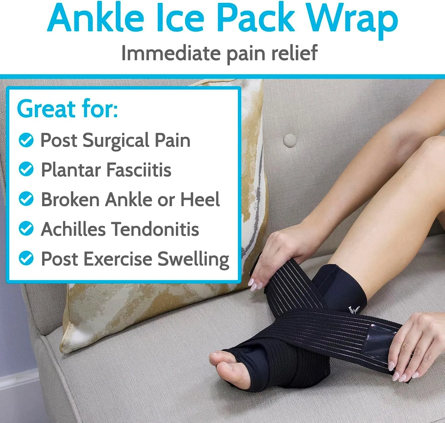 Vive Arctic Flex Ankle Ice Pack Wrap for Swelling - Adjustable Hot & Cold Gel Compression for Foot & Heel Injuries Reusable, Pain Relief - Reusable Cooling Therapy