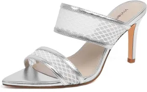 vivianly Clear Pointed Toe Heels Sandals Transparent Strap Stiletto High Heels Slip on Mules for Women