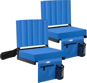 VIVOHOME 2 Pack Stadium Seats with Back Support and Cushion, Portable Bleacher Chair with Cup Holder and Shoulder Strap, Blue