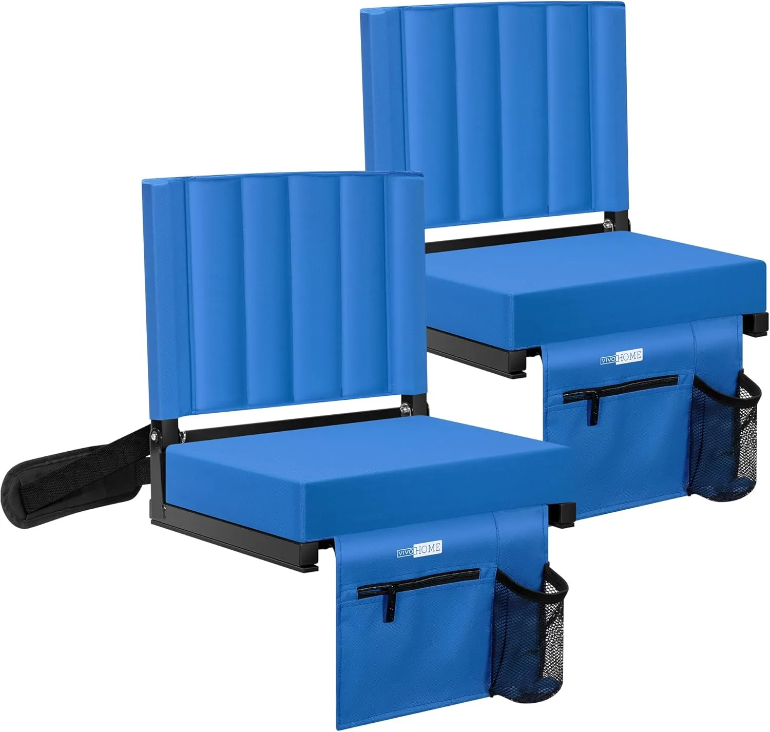VIVOHOME 2 Pack Stadium Seats with Back Support and Cushion, Portable Bleacher Chair with Cup Holder and Shoulder Strap, Blue