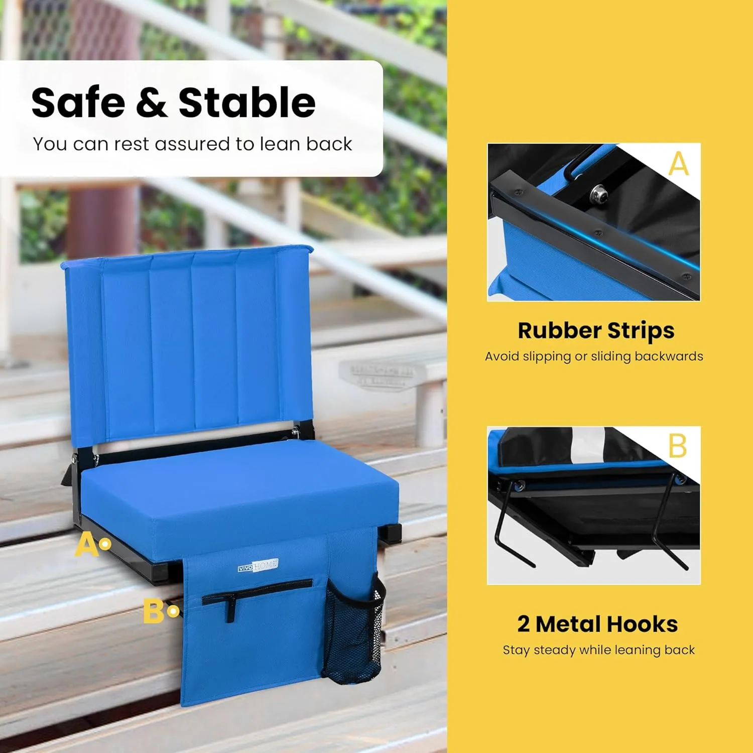 VIVOHOME 2 Pack Stadium Seats with Back Support and Cushion, Portable Bleacher Chair with Cup Holder and Shoulder Strap, Blue