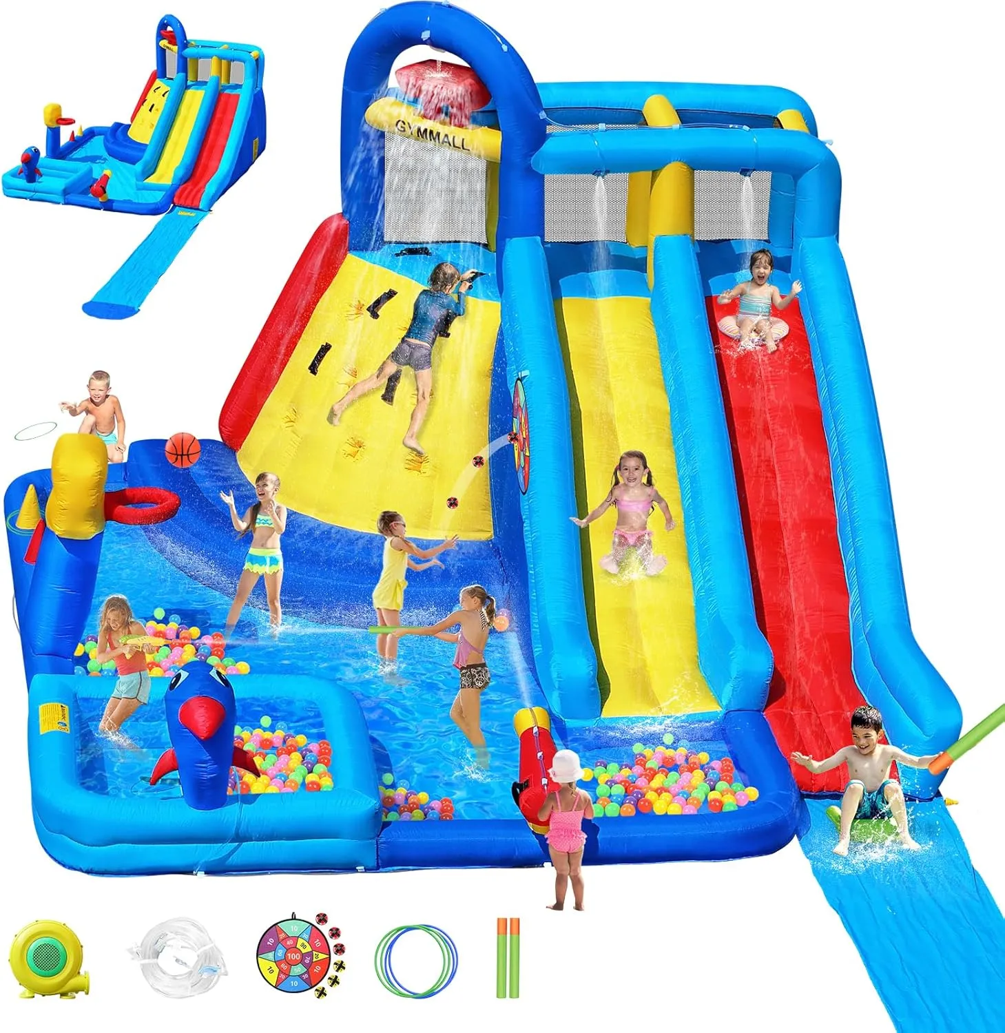 Water Bounce House Double Slide for Kids 3-12, Extra Large Inflatable Bouncy Castle with Long Slide, 550W Air Blower, Ball Pit, Swim Pool, Climbing, Bouncy House for Party Birthday Event