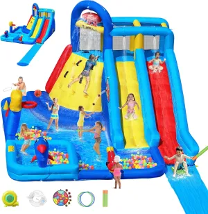 Water Bounce House Double Slide for Kids 3-12, Extra Large Inflatable Bouncy Castle with Long Slide, 550W Air Blower, Ball Pit, Swim Pool, Climbing, Bouncy House for Party Birthday Event