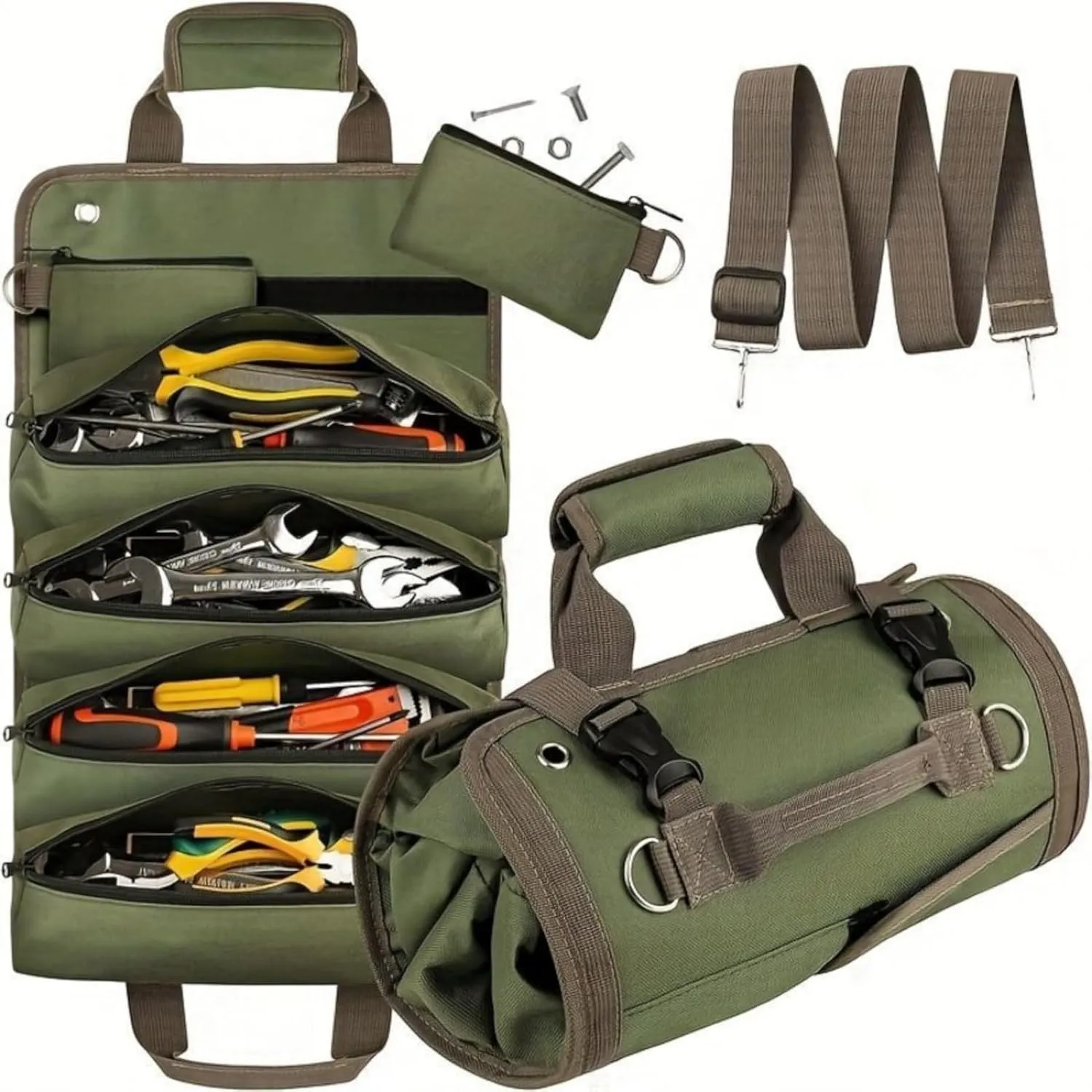 Waterproof Roll Up Tool Bag - 11 Pockets Tool Roll Bag Organizer for Mechanics, Electricians & DIYers | Portable Organizer with Shoulder Strap & Detachable Pouches
