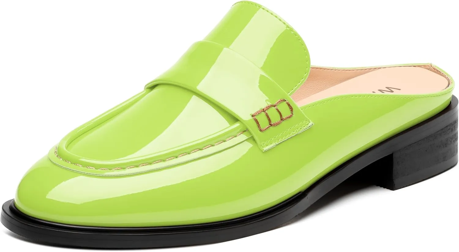 WAYDERNS Mules for Women Low Block Heel Closed Round Toe Patent Slip on Backless Mules Shoes Comfortable Casual Classic Shopping Dating Party Slides Loafer Shoes 1.4 Inch