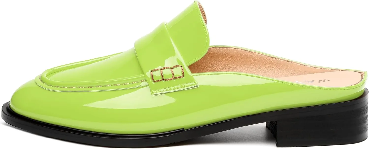 WAYDERNS Mules for Women Low Block Heel Closed Round Toe Patent Slip on Backless Mules Shoes Comfortable Casual Classic Shopping Dating Party Slides Loafer Shoes 1.4 Inch