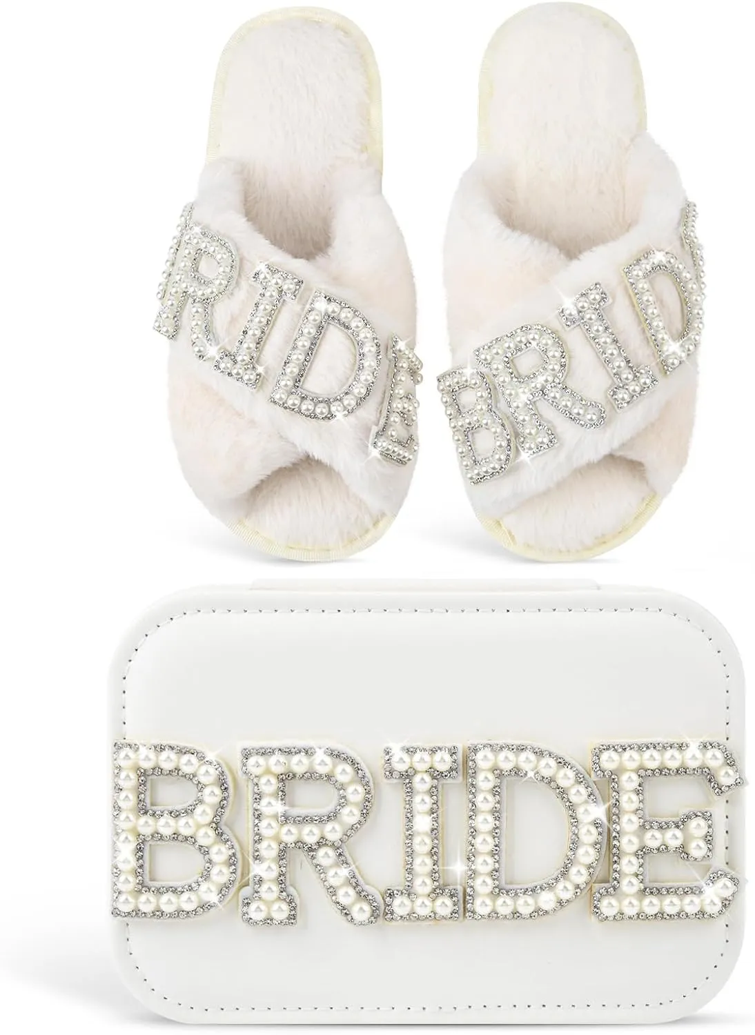 White Fuzzy Bride Slippers - Bridal Shower Gifts for Wedding Day & Bachelorette Party