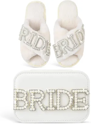 White Fuzzy Bride Slippers - Bridal Shower Gifts for Wedding Day & Bachelorette Party