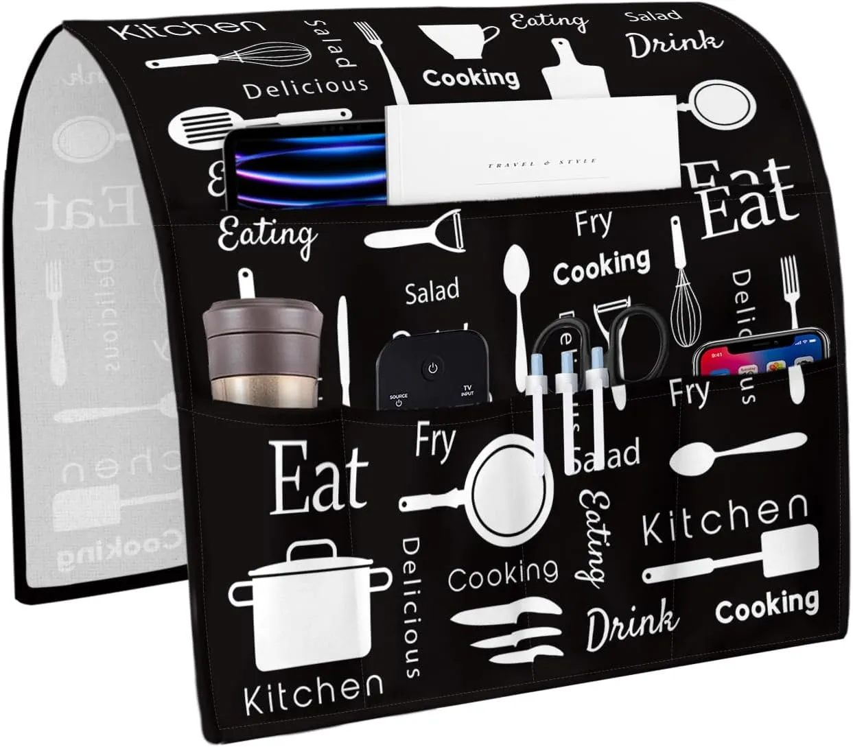 White Kitchen Cooking Words Remote Control Holder for Bed Recliner Sofa Armrest Organizer, Farmhouse Black Couch Caddy Bedside Storage with 5 Pockets for Magazine/Phone/Cup 19.7"x35"