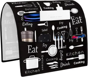 White Kitchen Cooking Words Remote Control Holder for Bed Recliner Sofa Armrest Organizer, Farmhouse Black Couch Caddy Bedside Storage with 5 Pockets for Magazine/Phone/Cup 19.7"x35"