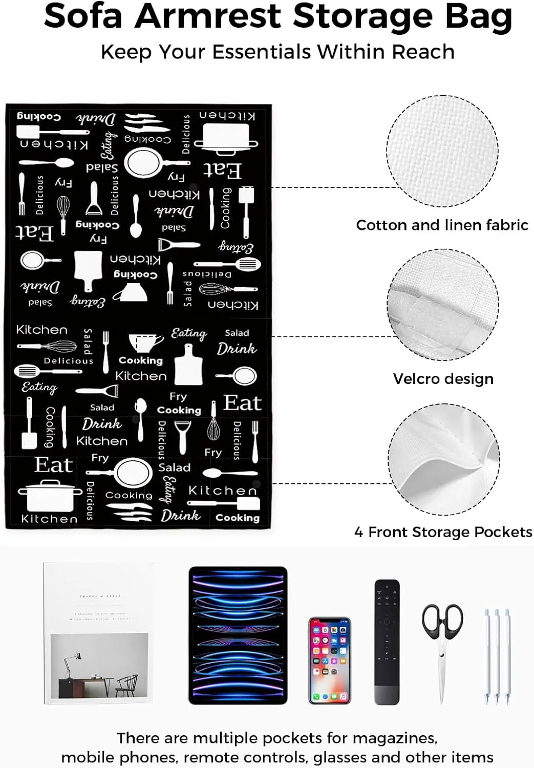 White Kitchen Cooking Words Remote Control Holder for Bed Recliner Sofa Armrest Organizer, Farmhouse Black Couch Caddy Bedside Storage with 5 Pockets for Magazine/Phone/Cup 19.7"x35"