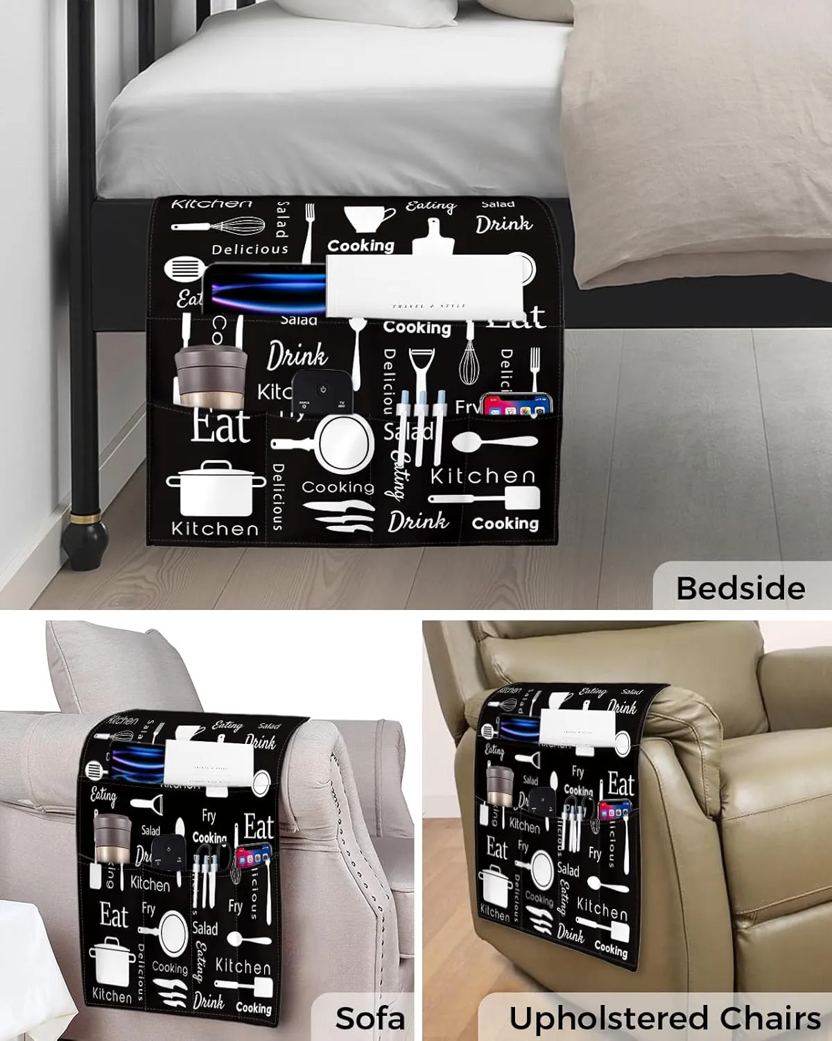 White Kitchen Cooking Words Remote Control Holder for Bed Recliner Sofa Armrest Organizer, Farmhouse Black Couch Caddy Bedside Storage with 5 Pockets for Magazine/Phone/Cup 19.7"x35"