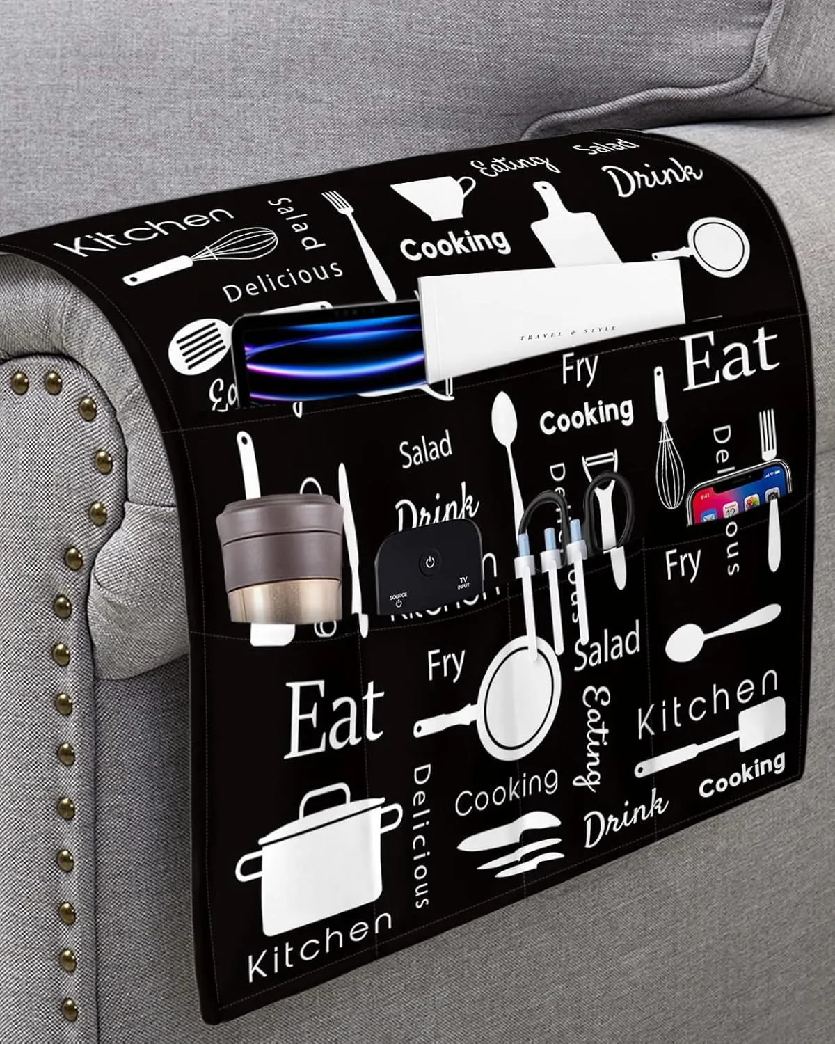 White Kitchen Cooking Words Remote Control Holder for Bed Recliner Sofa Armrest Organizer, Farmhouse Black Couch Caddy Bedside Storage with 5 Pockets for Magazine/Phone/Cup 19.7"x35"
