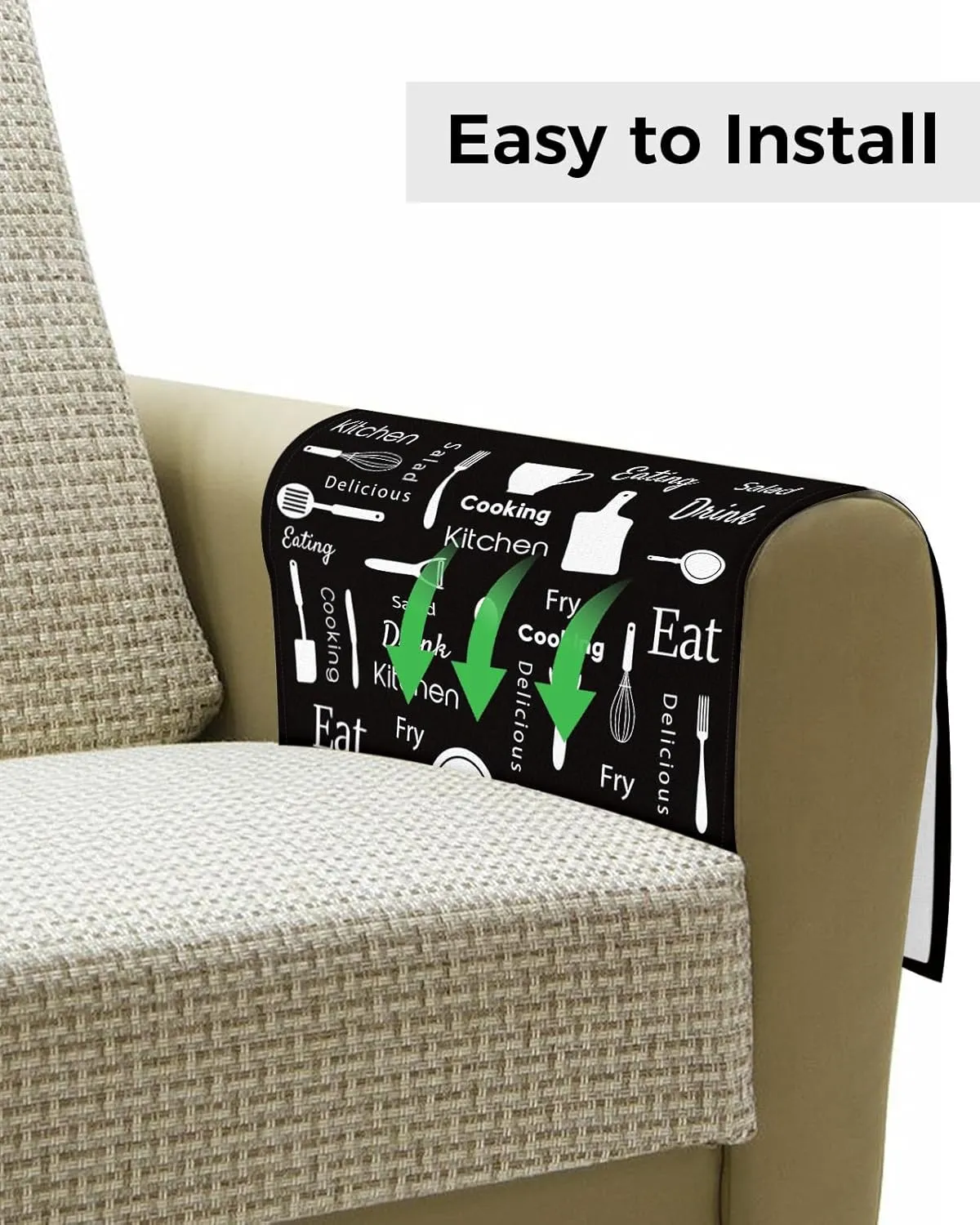 White Kitchen Cooking Words Remote Control Holder for Bed Recliner Sofa Armrest Organizer, Farmhouse Black Couch Caddy Bedside Storage with 5 Pockets for Magazine/Phone/Cup 19.7"x35"
