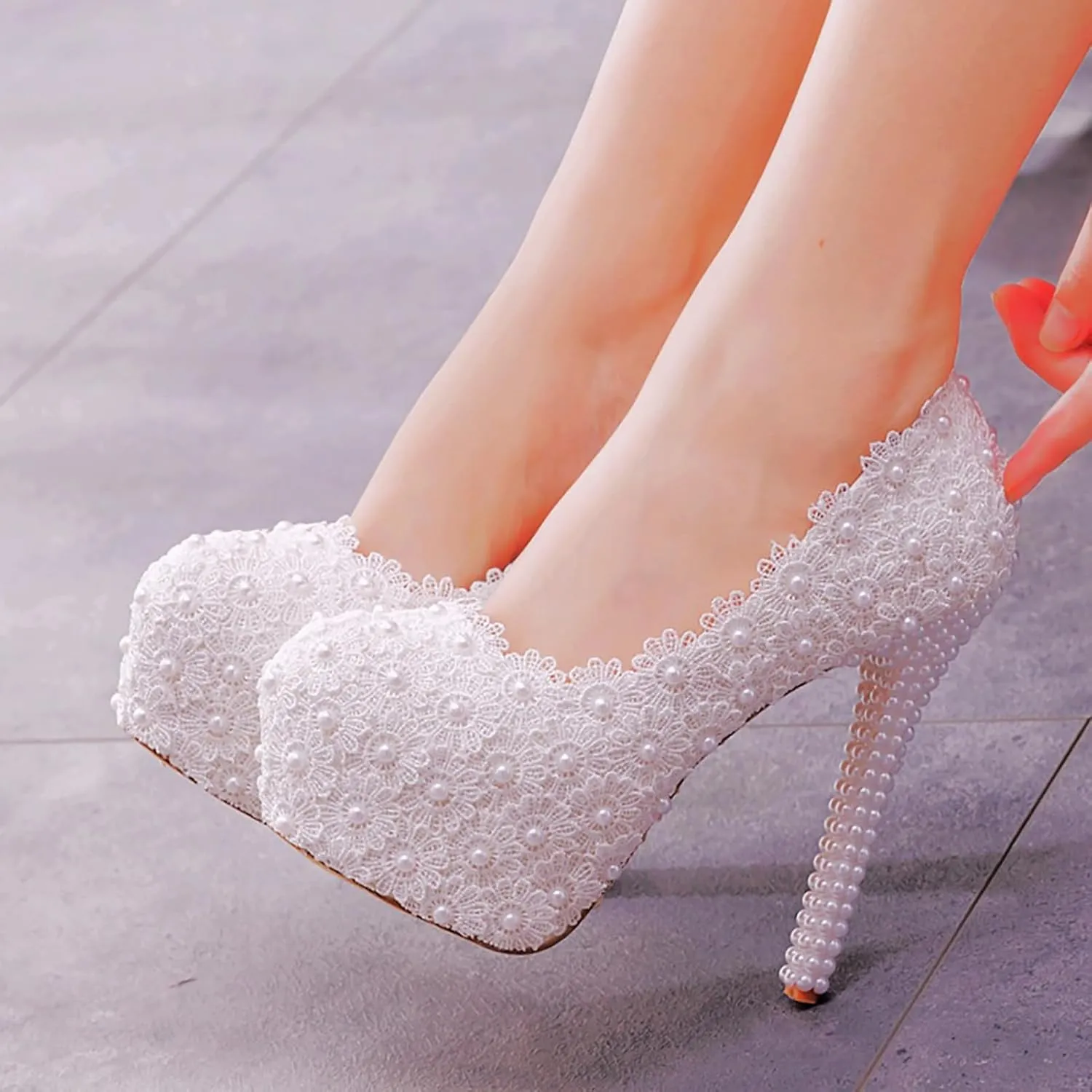 White Lace Bridal Wedding Shoes Thin Heels Round Toe Platform Pumps White Lace Wedding Shoes High Heels Shoes,White,34