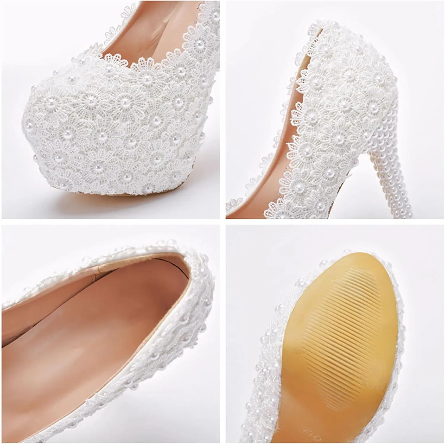 White Lace Bridal Wedding Shoes Thin Heels Round Toe Platform Pumps White Lace Wedding Shoes High Heels Shoes,White,34