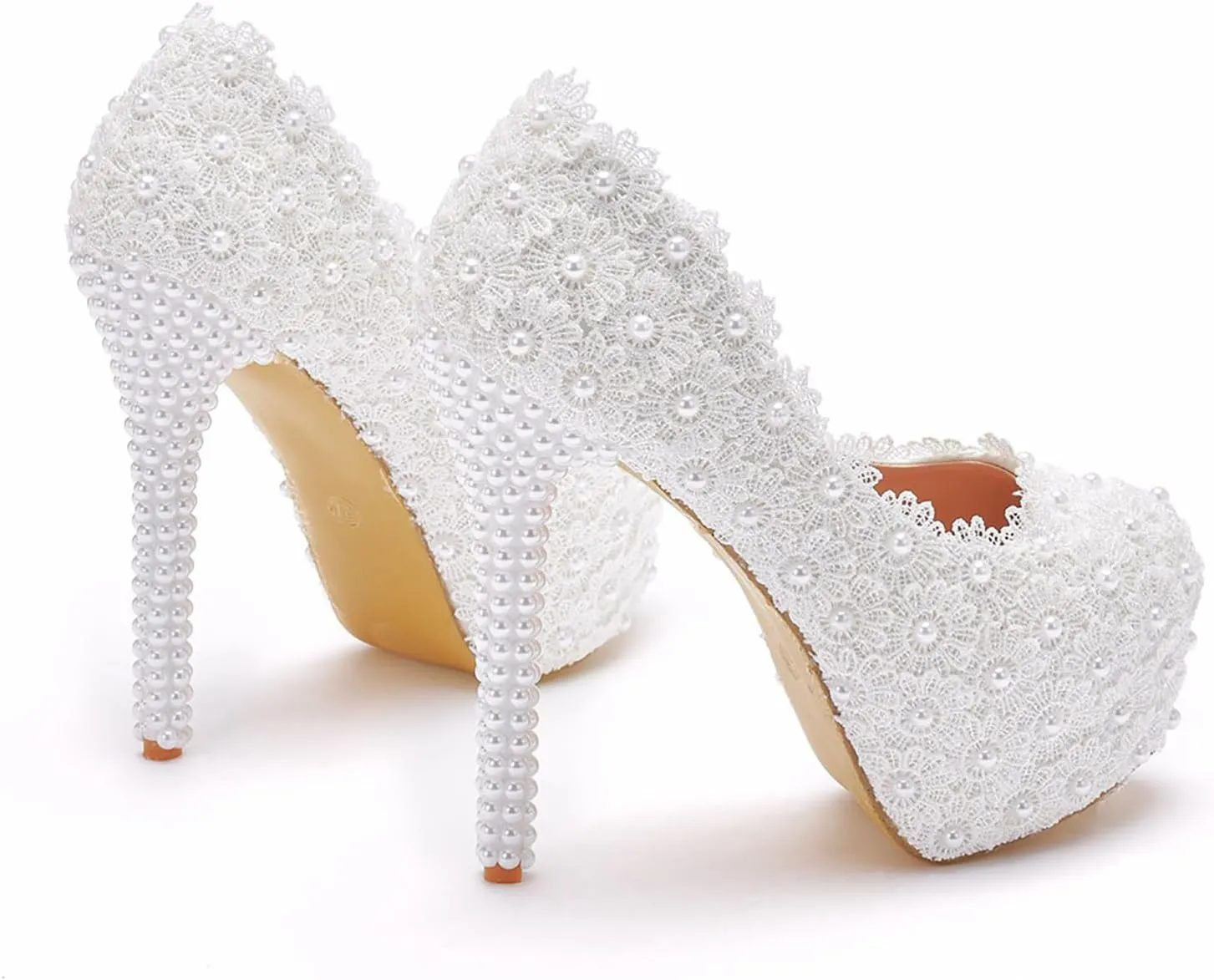 White Lace Bridal Wedding Shoes Thin Heels Round Toe Platform Pumps White Lace Wedding Shoes High Heels Shoes,White,34