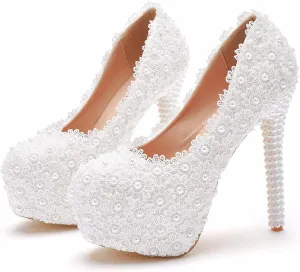White Lace Bridal Wedding Shoes Thin Heels Round Toe Platform Pumps White Lace Wedding Shoes High Heels Shoes,White,34