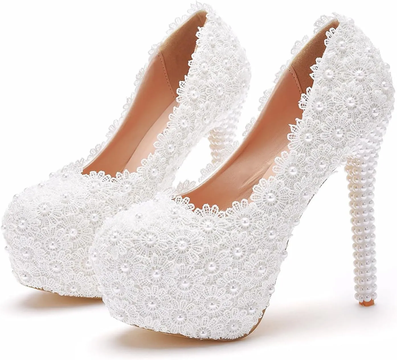 White Lace Bridal Wedding Shoes Thin Heels Round Toe Platform Pumps White Lace Wedding Shoes High Heels Shoes,White,34
