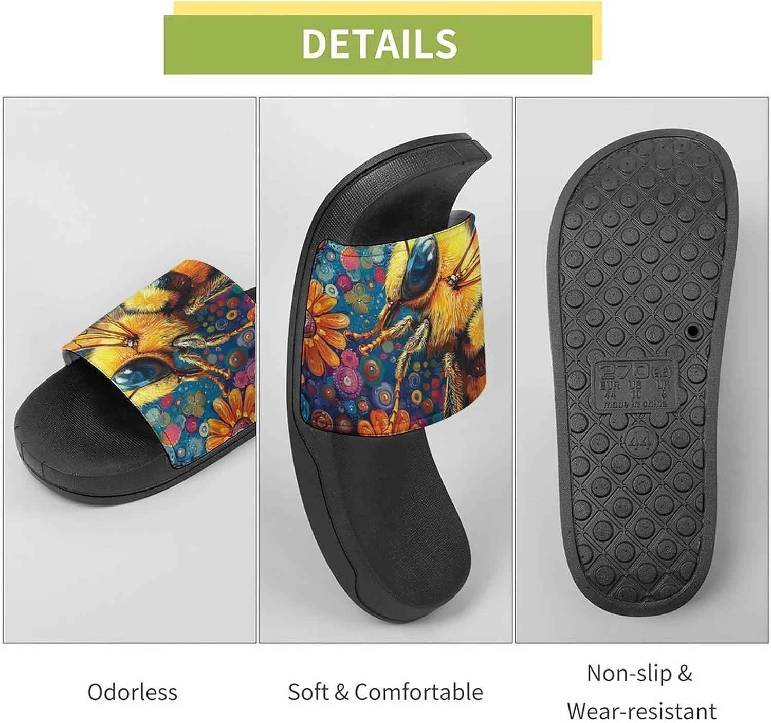 Women Men Slide Slippers Sandals Shower Home Beach House Shoes Gifts, Bee Golden Honeybee Art