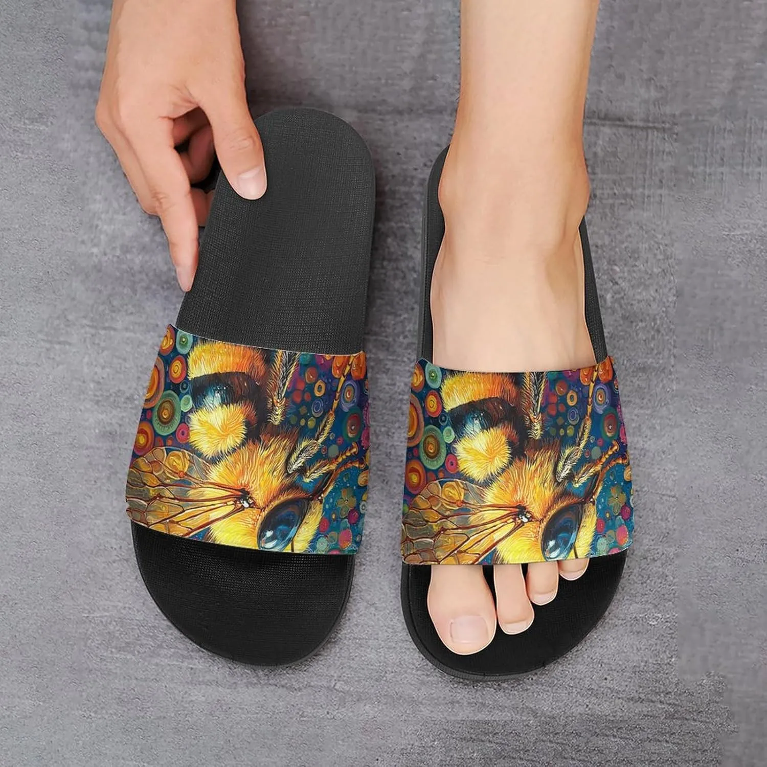 Women Men Slide Slippers Sandals Shower Home Beach House Shoes Gifts, Bee Golden Honeybee Art