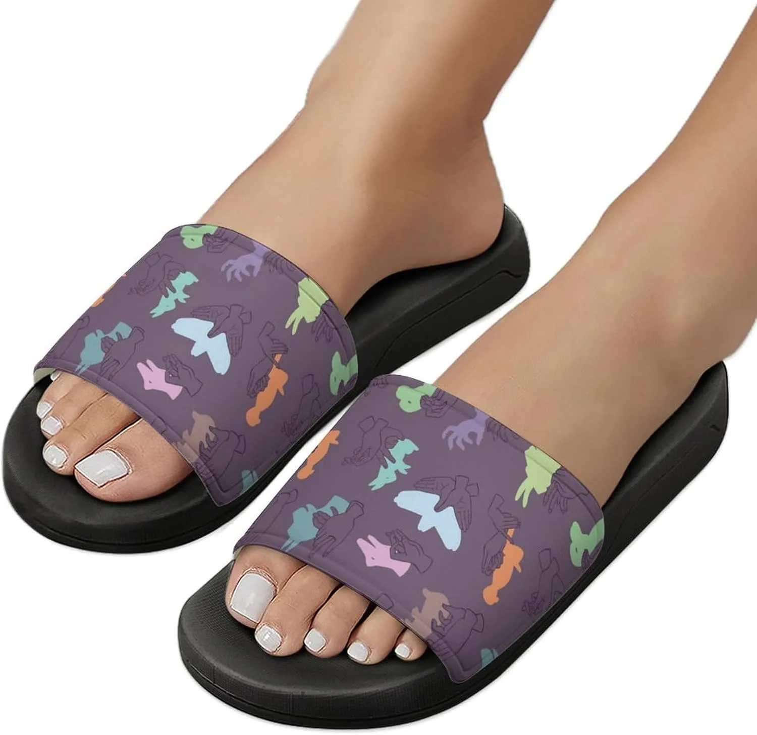 Women Men Slide Slippers Sandals Shower Home Beach House Shoes Gifts, Hands Gesture Animals Shadow