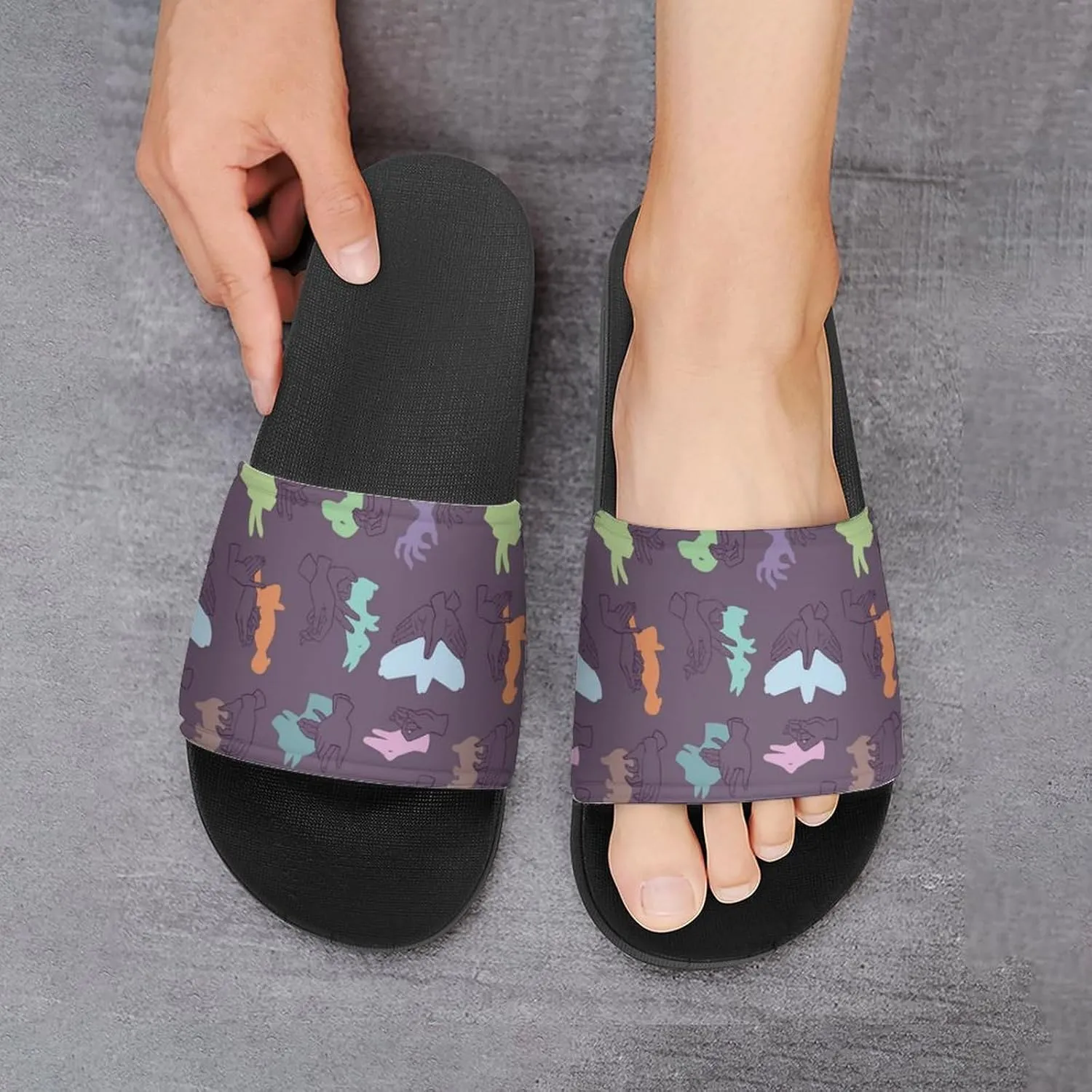 Women Men Slide Slippers Sandals Shower Home Beach House Shoes Gifts, Hands Gesture Animals Shadow