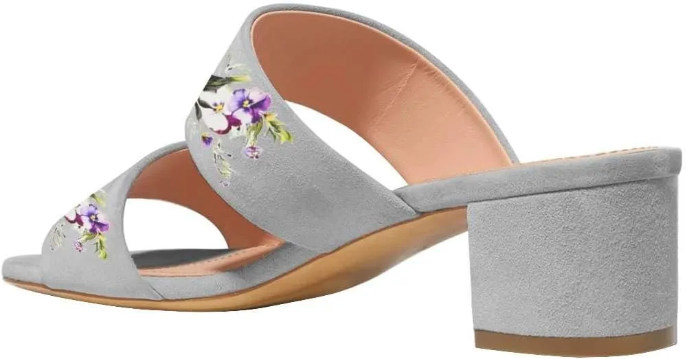 Women Open Toe Low Heel Slide Sandals Two Piece Block Pumps Floral Casual Mules Shoes