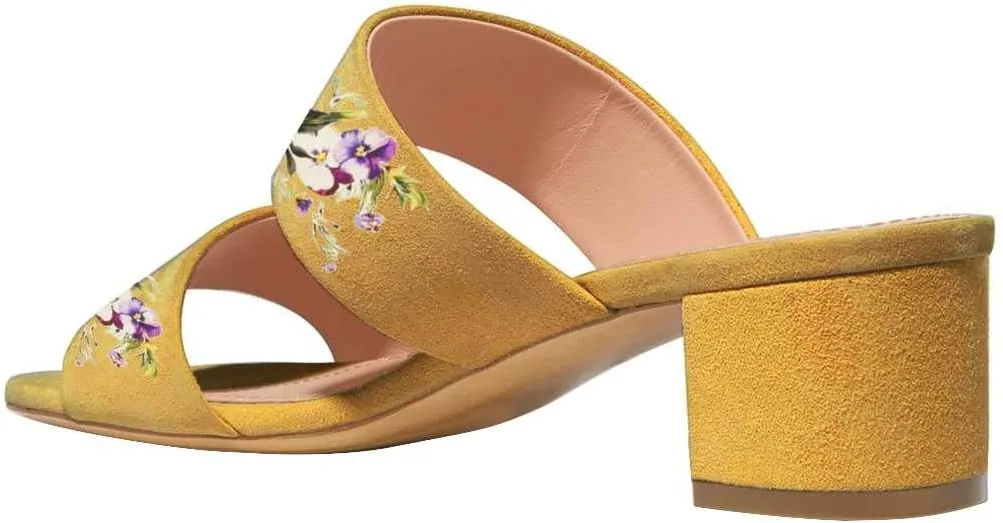 Women Open Toe Low Heel Slide Sandals Two Piece Block Pumps Floral Casual Mules Shoes