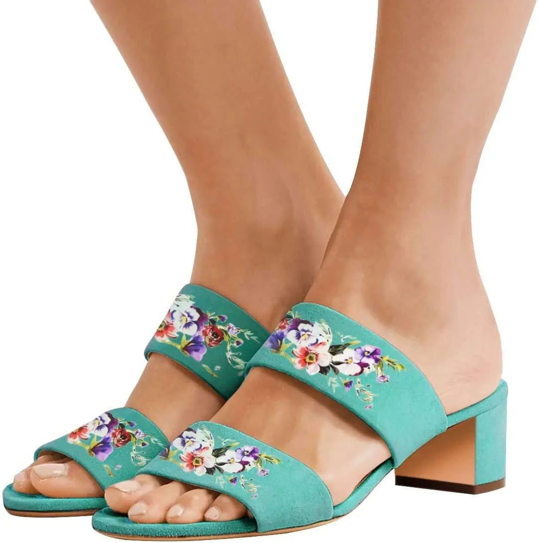 Women Open Toe Low Heel Slide Sandals Two Piece Block Pumps Floral Casual Mules Shoes
