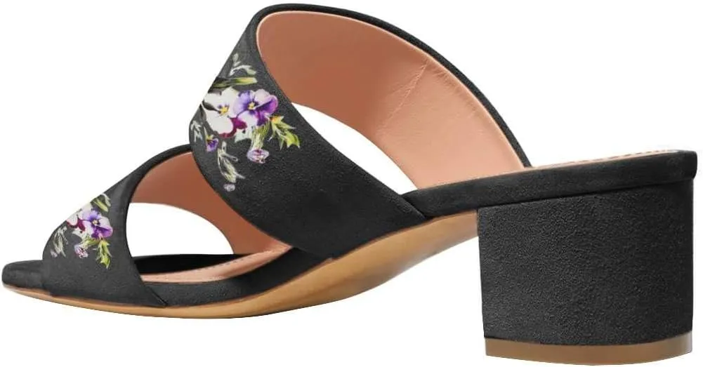 Women Open Toe Low Heel Slide Sandals Two Piece Block Pumps Floral Casual Mules Shoes