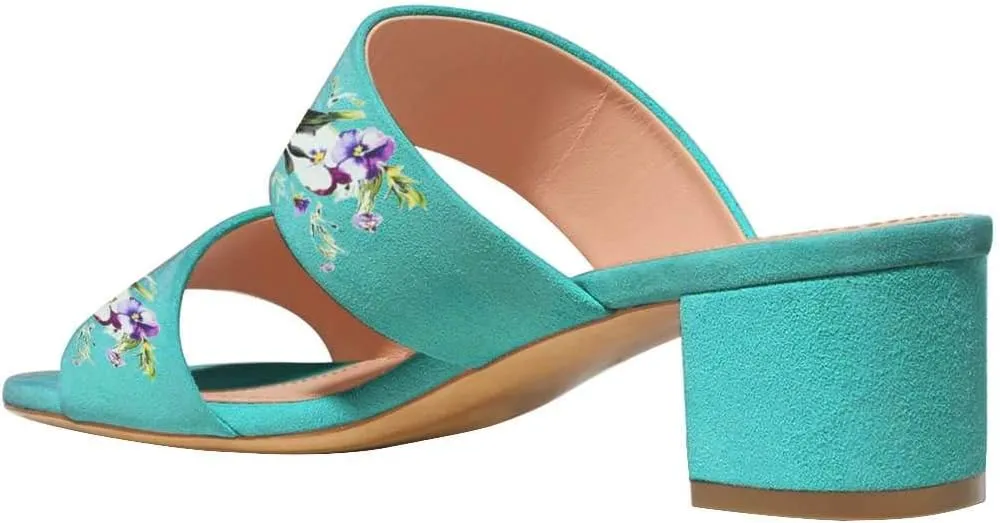 Women Open Toe Low Heel Slide Sandals Two Piece Block Pumps Floral Casual Mules Shoes