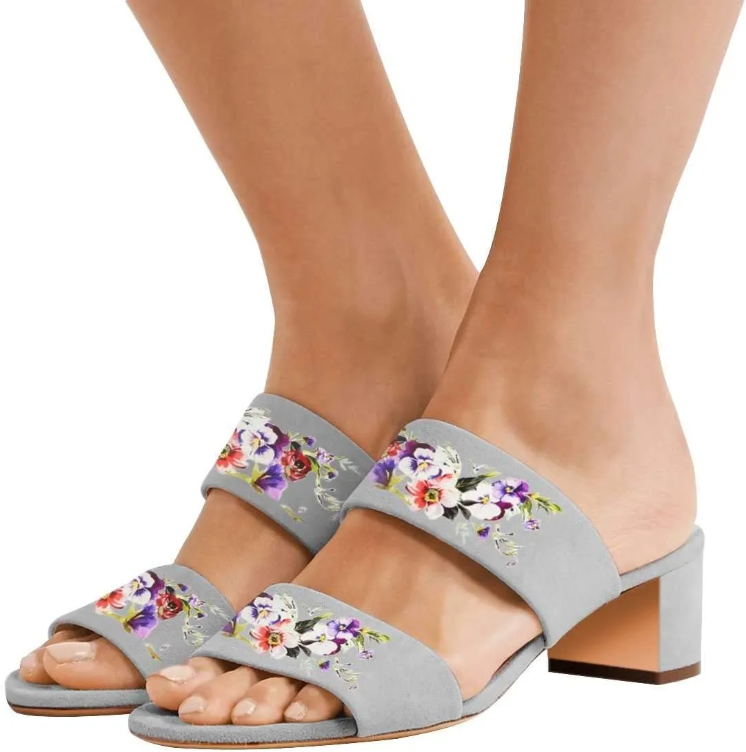 Women Open Toe Low Heel Slide Sandals Two Piece Block Pumps Floral Casual Mules Shoes