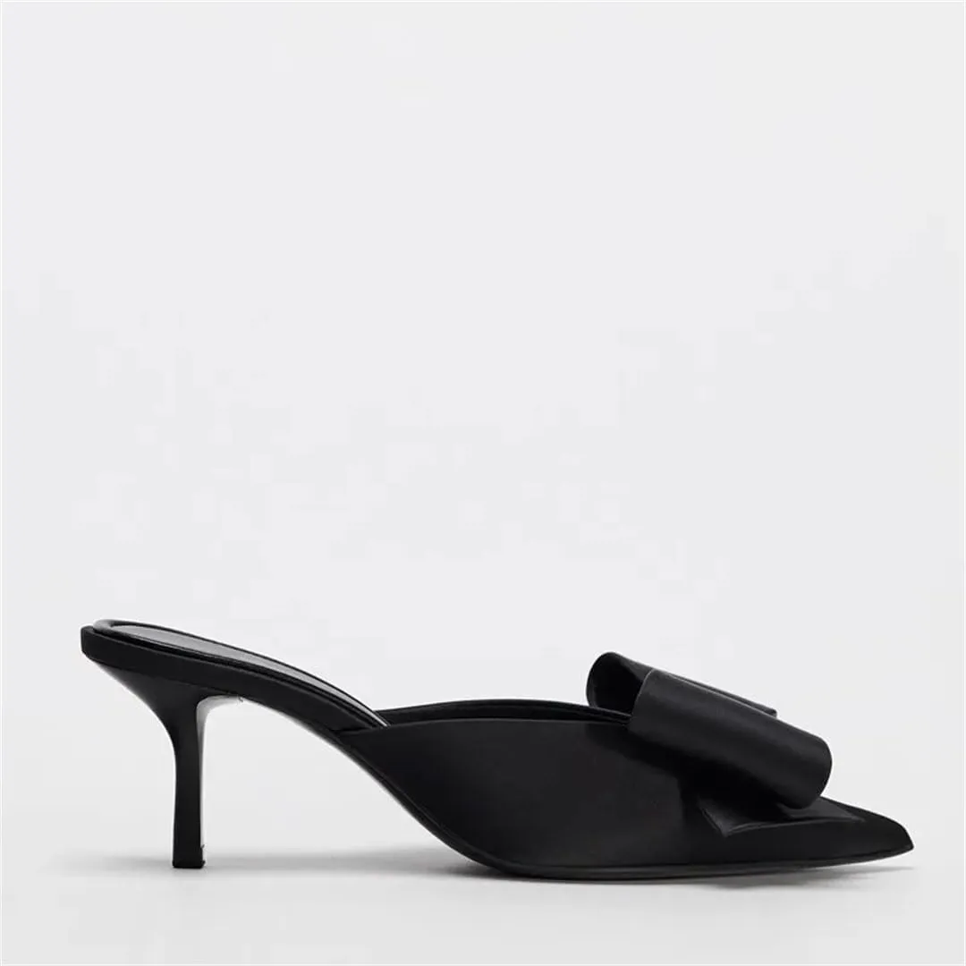 Women Pearl Satin Bow Pointed Toe High Heel Shallow Fashion Designer Slingback Korean Style Mules