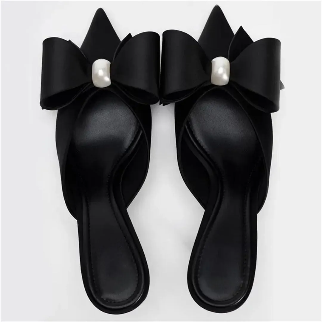 Women Pearl Satin Bow Pointed Toe High Heel Shallow Fashion Designer Slingback Korean Style Mules
