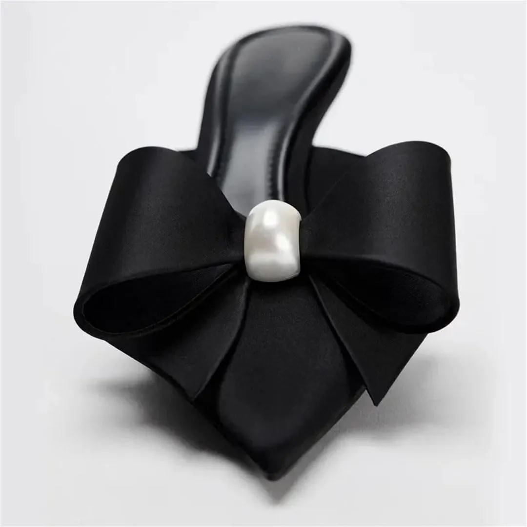 Women Pearl Satin Bow Pointed Toe High Heel Shallow Fashion Designer Slingback Korean Style Mules