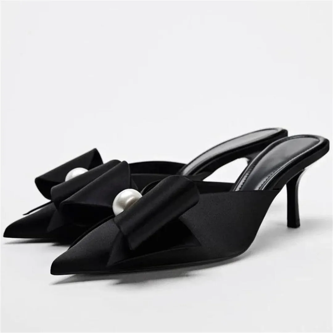 Women Pearl Satin Bow Pointed Toe High Heel Shallow Fashion Designer Slingback Korean Style Mules