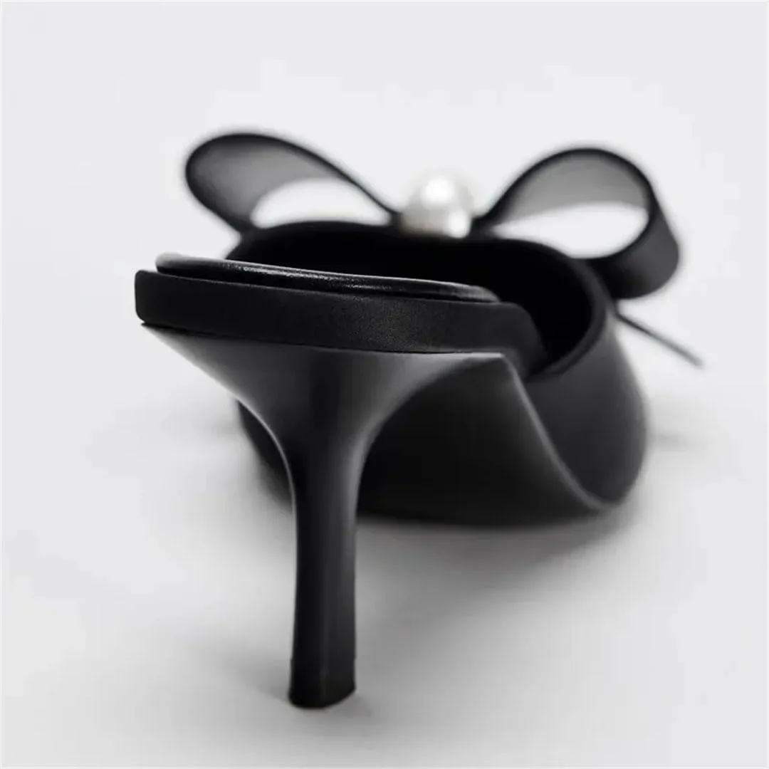 Women Pearl Satin Bow Pointed Toe High Heel Shallow Fashion Designer Slingback Korean Style Mules