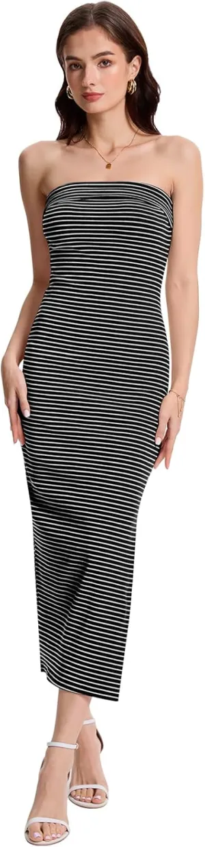 Women Ribbed Maxi Bodycon Tube Dress Summer Sexy Strapless Side Slit Long Formal Cocktail Party Wedding Guest Dress