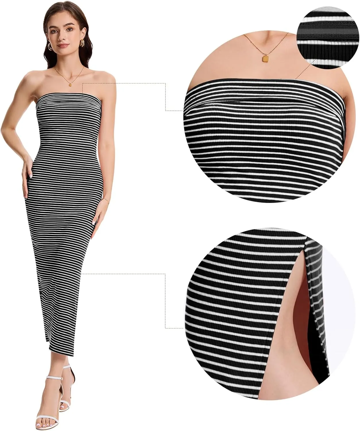 Women Ribbed Maxi Bodycon Tube Dress Summer Sexy Strapless Side Slit Long Formal Cocktail Party Wedding Guest Dress