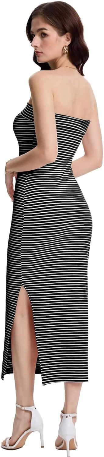 Women Ribbed Maxi Bodycon Tube Dress Summer Sexy Strapless Side Slit Long Formal Cocktail Party Wedding Guest Dress