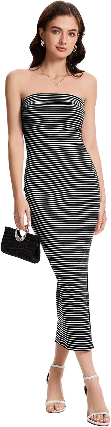 Women Ribbed Maxi Bodycon Tube Dress Summer Sexy Strapless Side Slit Long Formal Cocktail Party Wedding Guest Dress