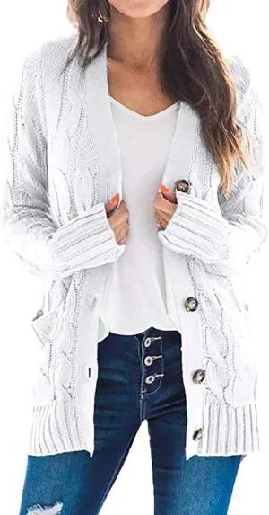 Womens Casual Long Sleeve Button Cardigan Open Front Cable Knit Sweater Outwear Loose Cardigans with Pockets