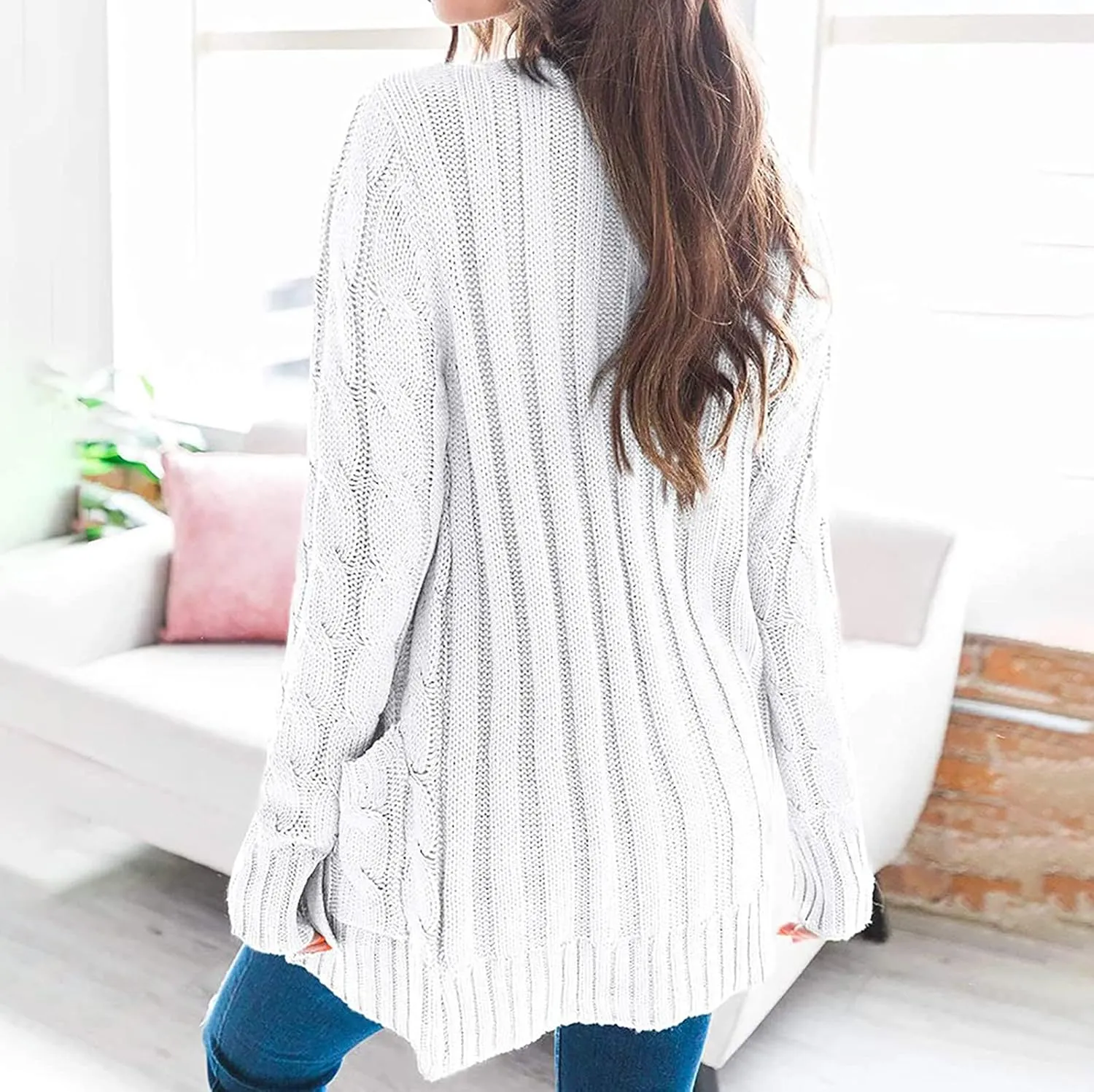 Womens Casual Long Sleeve Button Cardigan Open Front Cable Knit Sweater Outwear Loose Cardigans with Pockets