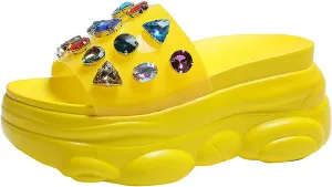 Women's Character Slippers Water Diamond Pine Cake Thick Founded Draw Summer Week Weight Fashion Wills with Sandals Suitable for Indoor and Outdoor,Yellow,35