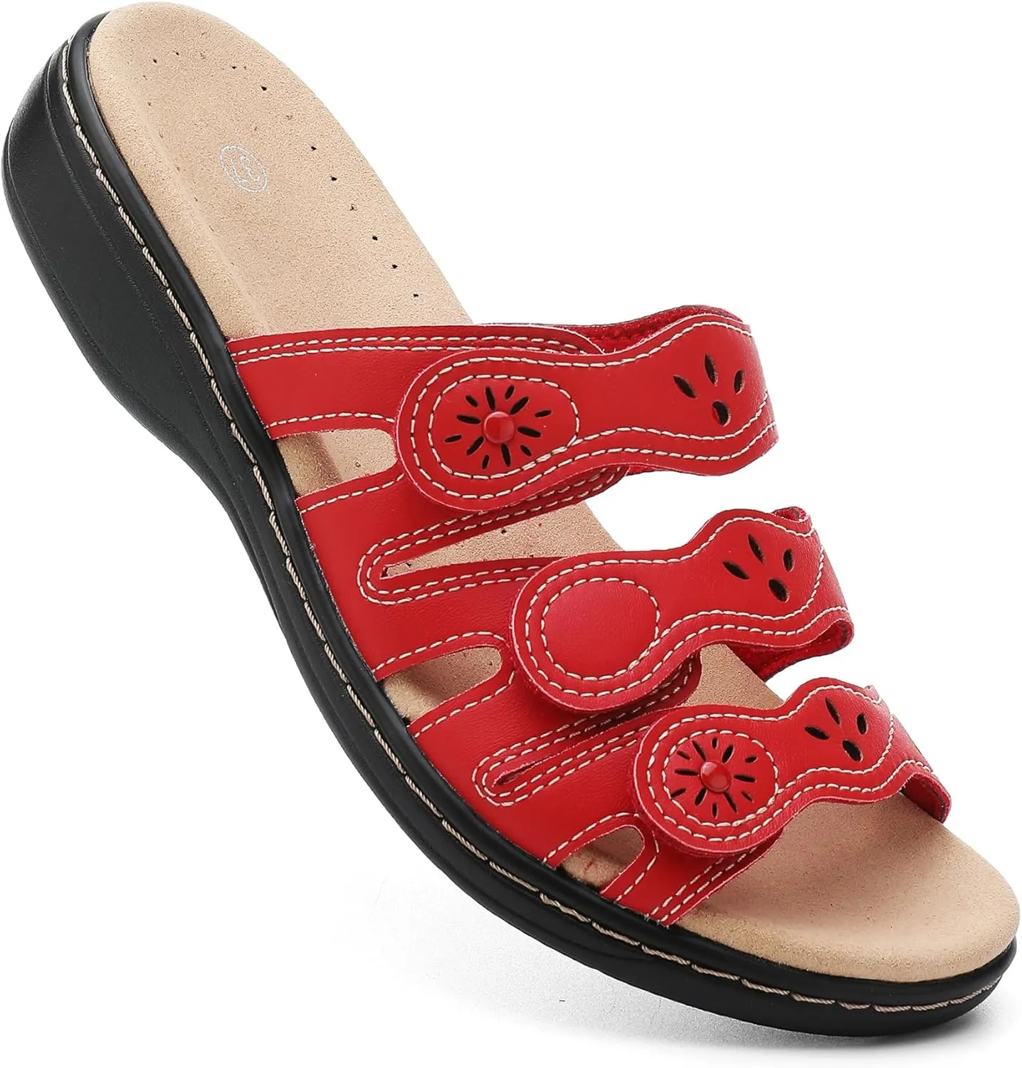 Women's Classic Leather Sandals Slide Casual Sandals with Arch Support Adjustable Hook and Loop Straps Slip-On Shoes Outdoor 2024